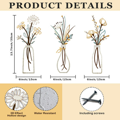 Pigort 3 Pieces Metal Flowers Wall Arts - Rustic Farmhouse Decor Beige Minimalist Flower Wall Decors for Living room Bathroom Bedroom Dining Room-Housewarming Gifts (Beige, Vase-C)