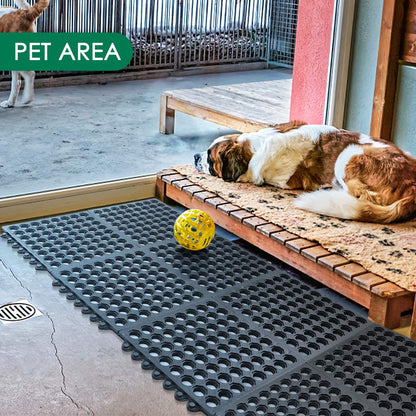 Interlocking Rubber Mats for Floor Anti Fatigue Kitchen Mats 9 Pack 11.8" x 11.8" Modular Rubber Interlocking Floor Tiles, Pool Balcony Patio Yard Pet Area Use Restaurant Rubber Bar Floor Mat Black