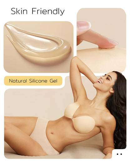 Niidor Adhesive Bra Strapless Sticky Invisible Push up Silicone Bra for Backless Dress with Nipple Covers Nude(B Cup)