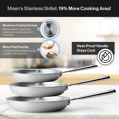 Misen 5-Ply Stainless Steel 8" Frying Pan - Professional Cookware for Induction, Gas and Electric - Dishwasher Safe, Oven Safe to 800°F - Durable, Versatile, Even Heating