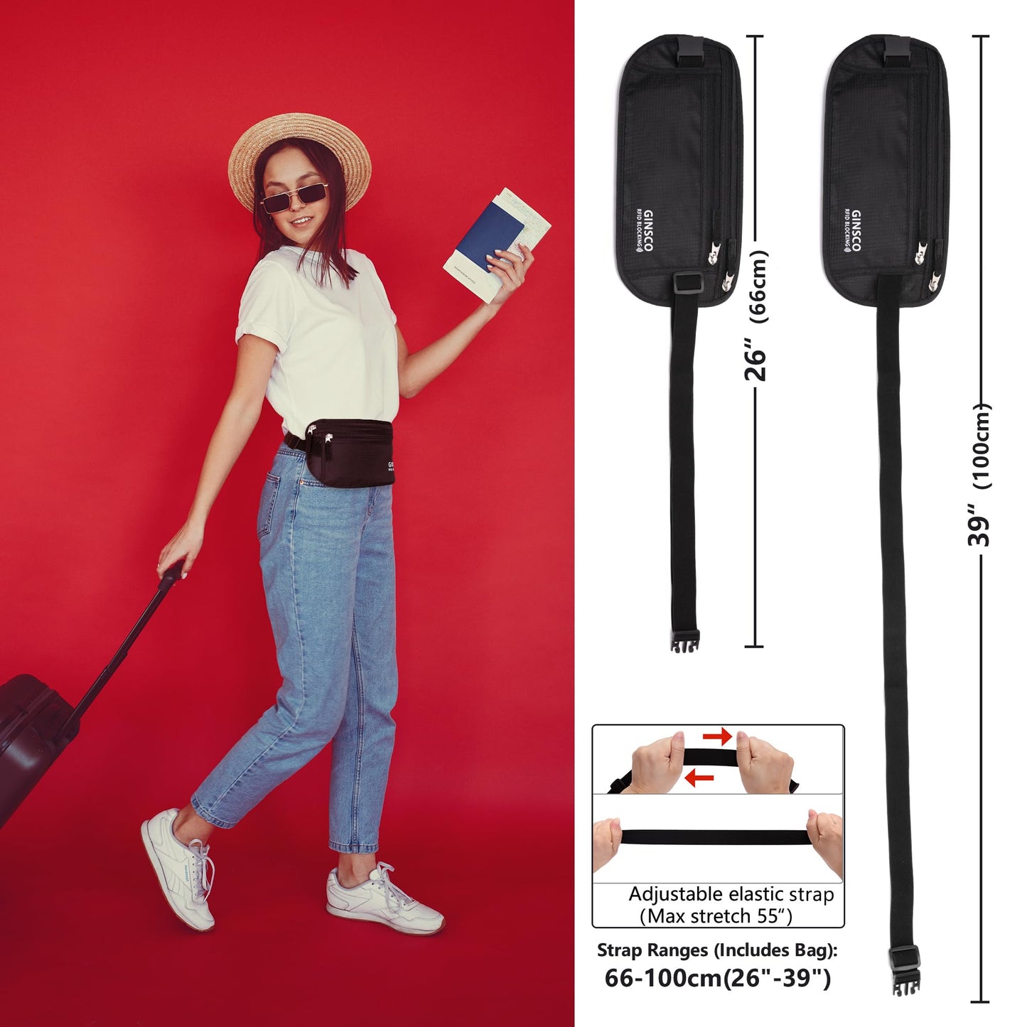 Money Belt for Travel Women Hidden Ginsco Slim RFID Blocking Passport Holder Unisex Travel Money Belt Under Clothes Anti Theft Travel Hidden Wallet for Travelling Workout Running Black 11''