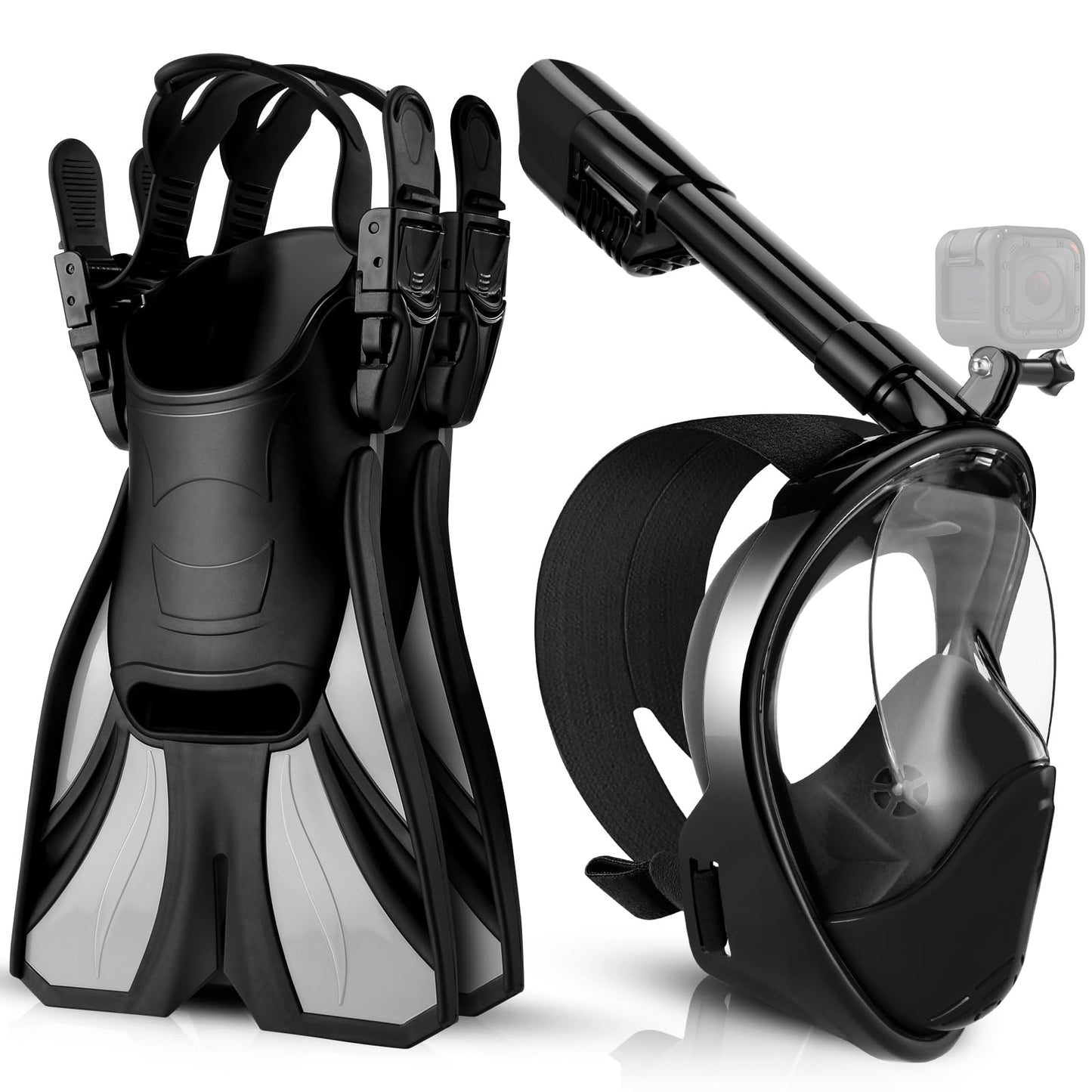 Odoland Snorkeling Packages, Full Face Snorkel Mask for Adults & Youth with Camera Mount, Adjustable Swim Fins, Anti-Fog Anti-Leak Diving Gear for Men Women Teens, Black, S/M