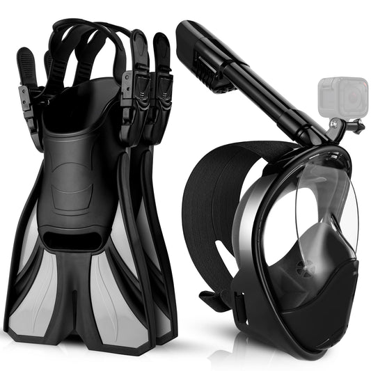 Odoland Snorkeling Packages, Full Face Snorkel Mask for Adults & Youth with Camera Mount, Adjustable Swim Fins, Anti-Fog Anti-Leak Diving Gear for Men Women Teens, Black, S/M