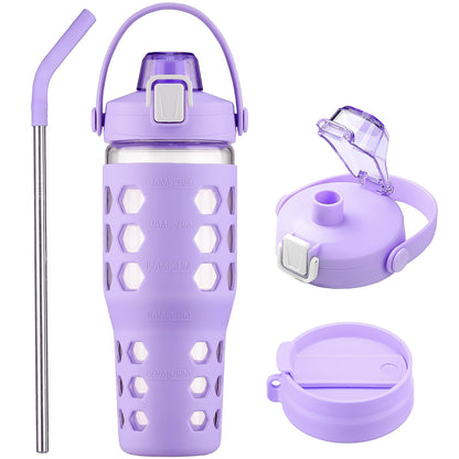 MUKOKO 32 oz Glass Tumbler with Straw,Glass Water Bottles with Time Marker,Iced Coffee Cup with 2 Lids-Handle Spout Lid&Straw Lid,Silicone Sleeve,Leakproof,1 Pack-Purple