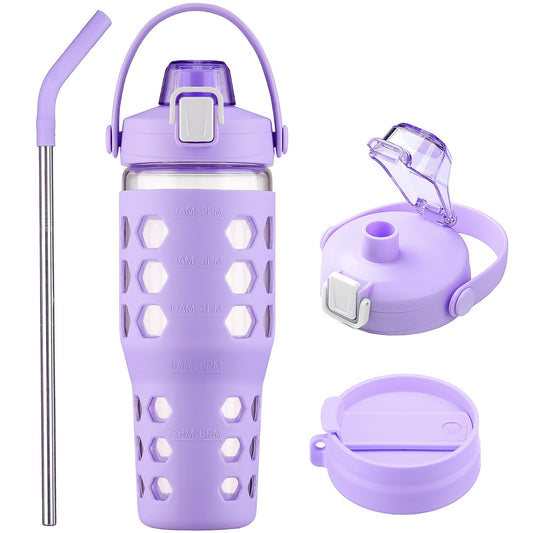 MUKOKO 32 oz Glass Tumbler with Straw,Glass Water Bottles with Time Marker,Iced Coffee Cup with 2 Lids-Handle Spout Lid&Straw Lid,Silicone Sleeve,Leakproof,1 Pack-Purple