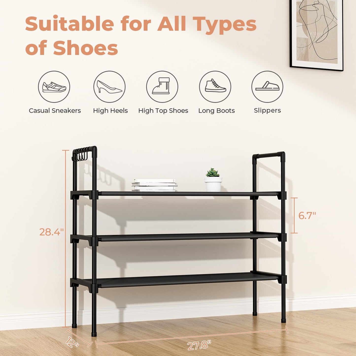 LANTEFUL 3 Tier Shoe Rack for Closet, Shoe Organizer with 5 Hooks, Long Shoe Shelf Storage for Sneaker and Boot Stackable Free Standing Shoe Rack for Entryway, Garage, Small Spaces, Dorm