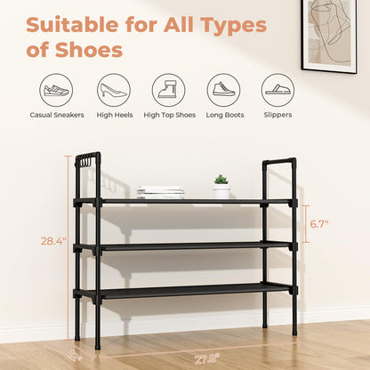 LANTEFUL 3 Tier Shoe Rack for Closet, Shoe Organizer with 5 Hooks, Long Shoe Shelf Storage for Sneaker and Boot Stackable Free Standing Shoe Rack for Entryway, Garage, Small Spaces, Dorm