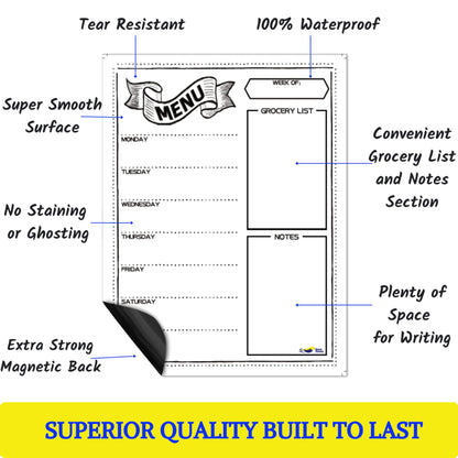Magnetic Weekly Meal Planner for Refrigerator – 16x12” Dry Erase Menu Board for Kitchen – Fridge Calendar with 3 Markers & Eraser – Track Meals, Groceries, Notes & More – Easy-Clean Whiteboard