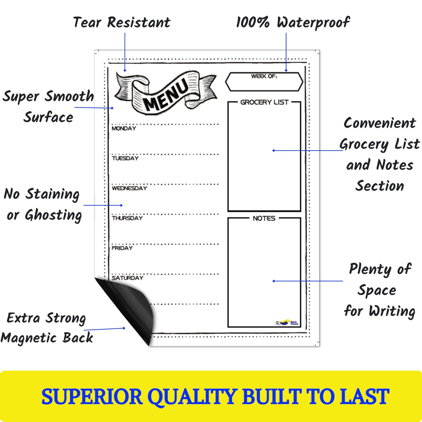 Magnetic Weekly Meal Planner for Refrigerator – 16x12” Dry Erase Menu Board for Kitchen – Fridge Calendar with 3 Markers & Eraser – Track Meals, Groceries, Notes & More – Easy-Clean Whiteboard