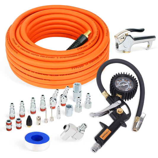 FYPower 22 Pieces Air Compressor Accessories kit, 3/8 inch x 50 ft Hybrid Air Compressor Hose Kit, 1/4" NPT Quick Connect Air Fittings, Tire Inflator Gauge, Heavy Duty Blow Gun, Swivel Plugs