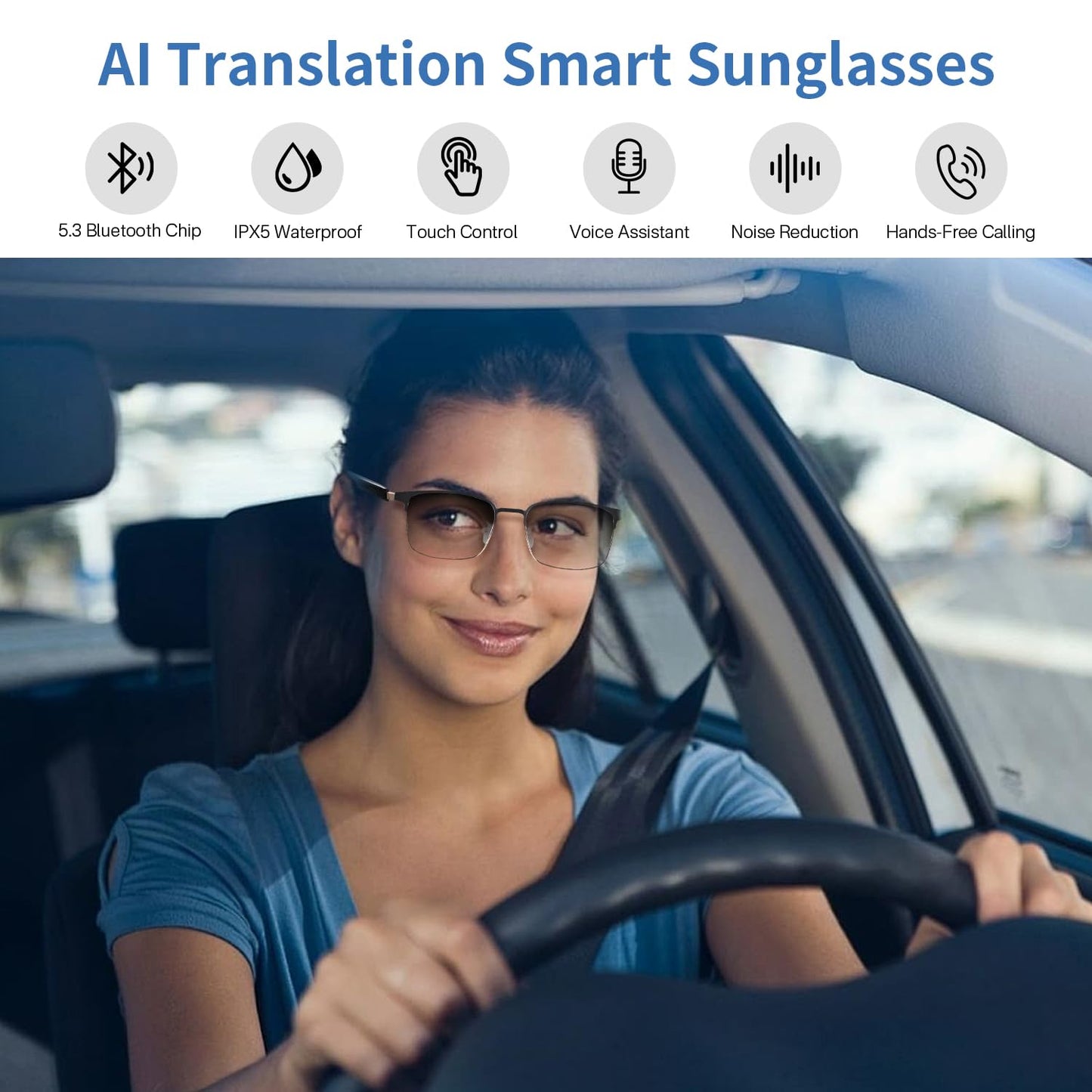 AI Translator Smart Glasses for Men Women, Bluetooth Audio Sunglasses with Photochromic Lenses, Voice Assistant, Open Ear Lighweight Eyeware, Real-Time Translation, Supports 160+ Languages (Silver)