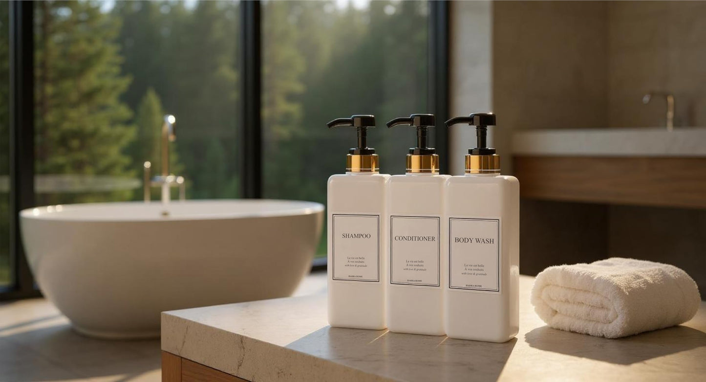 HARRA HOME Modern Gold Design 27 oz Shampoo and Conditioner Dispensers - Plastic Refillable Pump Bottle Set for Bathroom Shower Soap Dispenser, Set of 3 (Black)