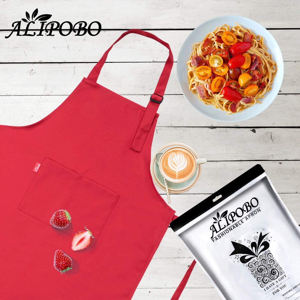 ALIPOBO Kids Apron and Chef Hat Set, Children's Adjustable Bib Apron with 2 Pockets. Cute Boys Girls Kitchen Apron for Cooking, Baking, Painting, Training Wear (2-5 Year, Red)