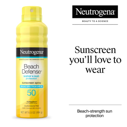Neutrogena Beach Defense Sunscreen Spray SPF 50, Hawaii Reef Act 104 Compliant, Octinoxate & Oxybenzone Free, Broad Spectrum, Fast Absorbing & Lightweight, Face and Body Sunscreen, 6.5 Oz