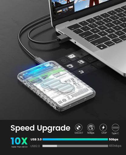 ORICO 2.5 inch Hard Drive Enclosure USB C to SATA III 5Gbps Clear External Hard Drive Case for All 7mm 9.5mm 2.5 inch SATA SSD HDD Up to 6TB, Tool-Free, Support USB 3.0 UASP (2139C3)