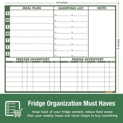 Magnetic Meal Planner Menu Board: Reusable Dry Erase Family Planning Board with Grocery List & Fridge Freezer Inventory List for Refrigerator, Dry Erase Markers and Eraser Included - 14x11 Inches