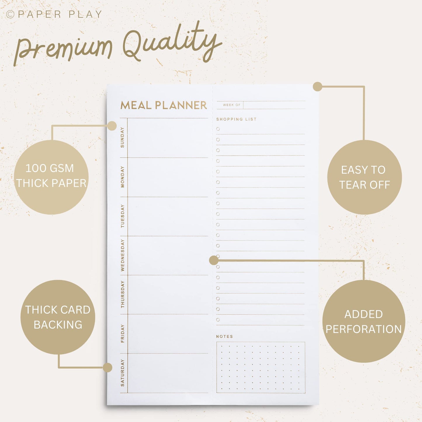 Matte Gold Foil Magnetic Meal Planning Pad for Fridge 52 Undated Tear-off Sheets, 6x9 Inch Meal Planner & Grocery List with Magnet, Weekly Meal Planner with Tear Off Shopping List
