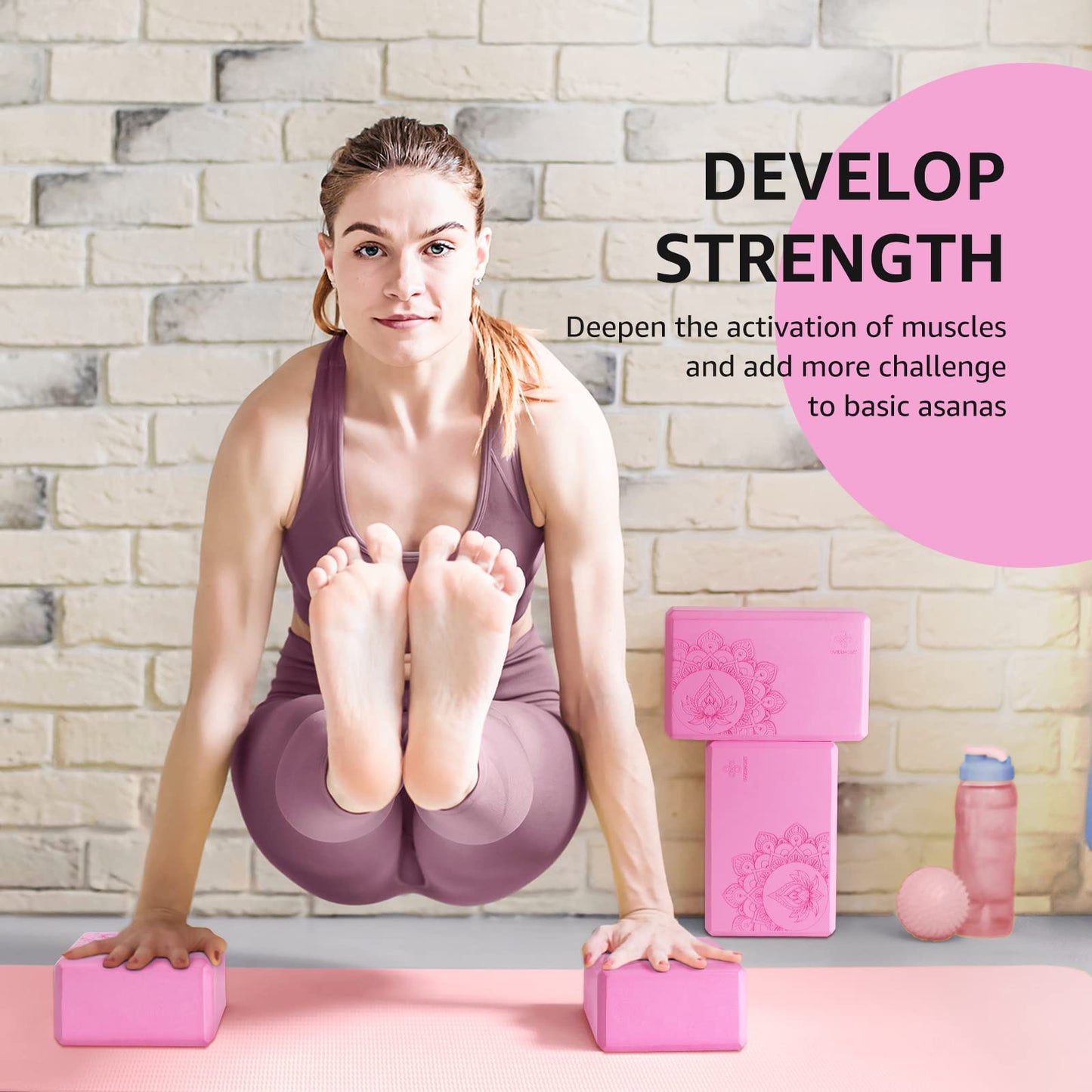 Overmont Yoga Block 2 Pack Supportive Latex-Free EVA Foam Soft Non-Slip Surface for General Fitness Pilates Stretching and Meditation 9"x6"x3" Yoga Strap Included (Pink)