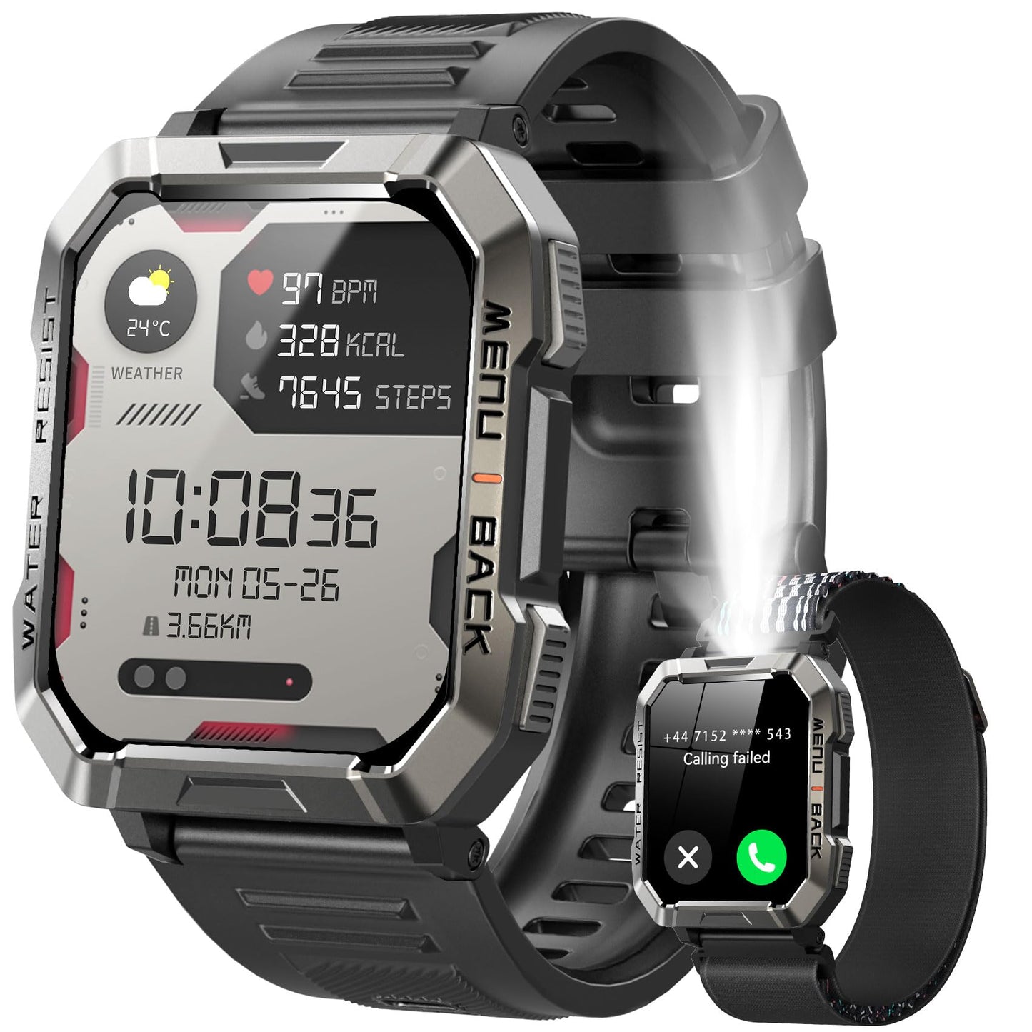 Military Smart Watch for Men (Answer/Make Calls), 2.01'' Smart Watch for Android and iPhone, Fitness Tracker with Flashlight/Compass/100 Days Battery/Heart Rate/Sleep/100+ Sport Modes(2 Straps)