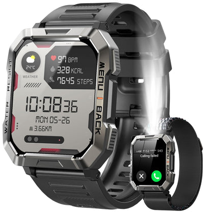 Military Smart Watch for Men (Answer/Make Calls), 2.01'' Smart Watch for Android and iPhone, Fitness Tracker with Flashlight/Compass/100 Days Battery/Heart Rate/Sleep/100+ Sport Modes(2 Straps)