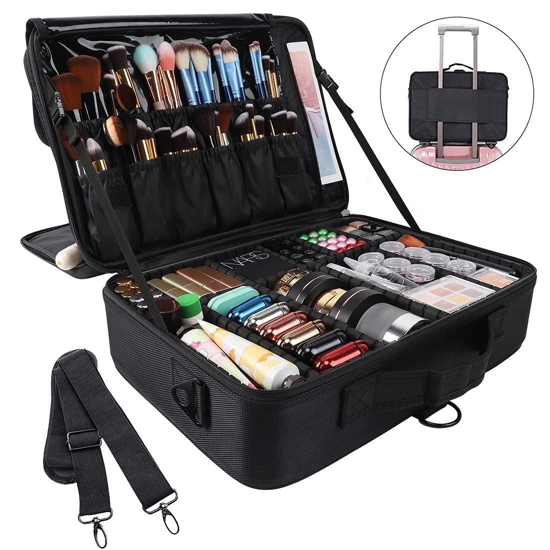 gzcz Large Capacity Travel Makeup Train Case 16.5 Inches Professional Makeup Cosmetic Case Portable Artist Cosmetics Brushs Organizer Storage Bag With Adjustable Dividers And Shoulder Strap (Black)