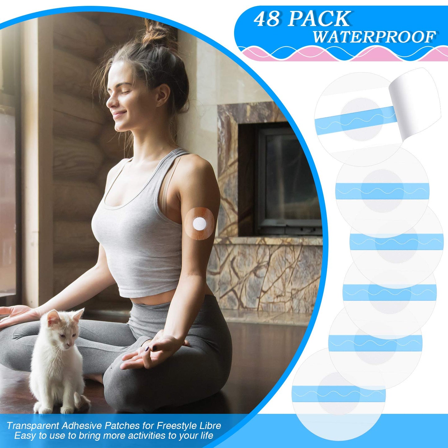 Nuanchu 48 Pack Sensor Covers Compatible with Freestyle Libre 1/2/3,Waterproof CGM Sensor Patches, Glucose Monitor Protector Long Lasting Without Hole (Blue)