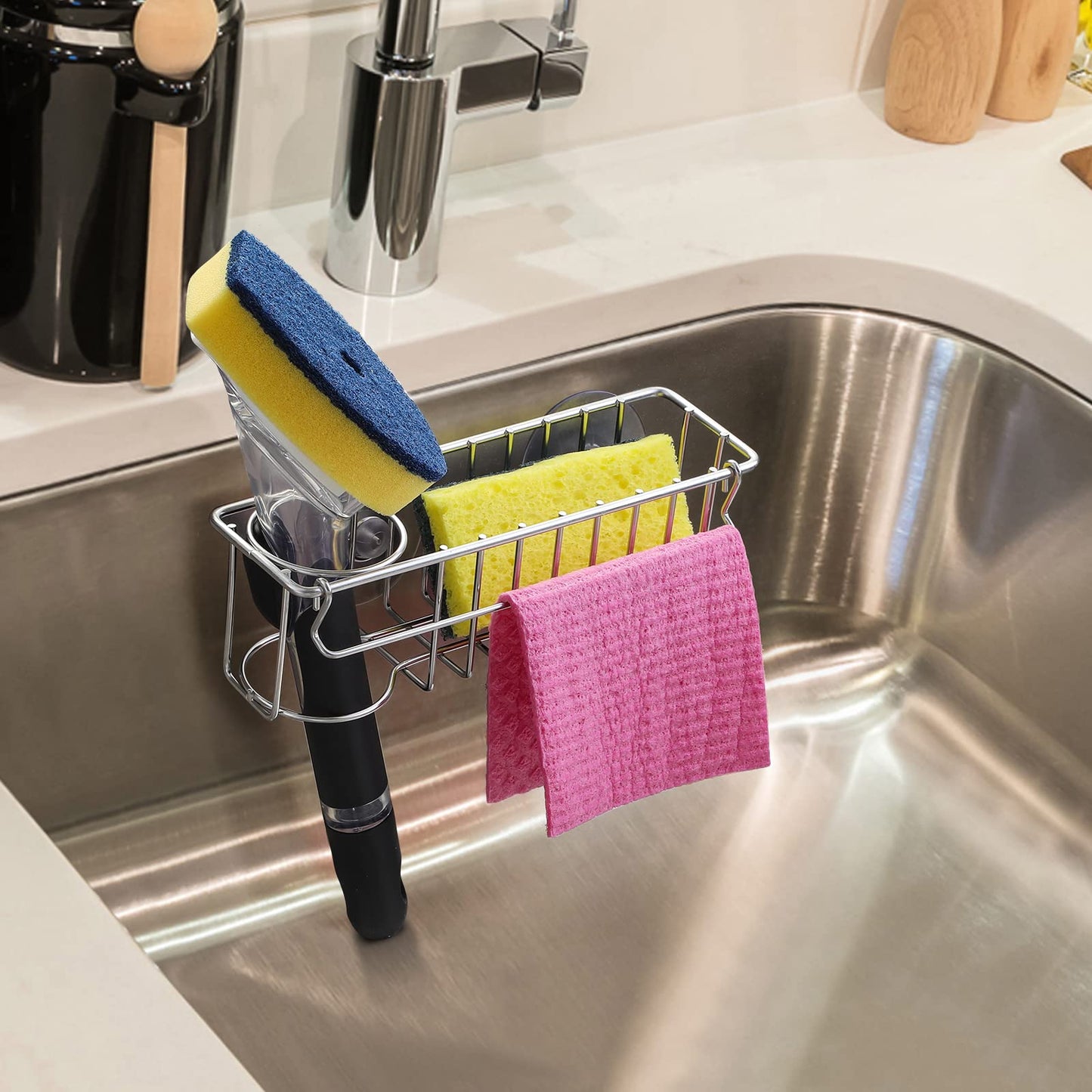 3-In-1 Sponge Holder for Kitchen Sink with Suction Cups & Adhesive Hook, In-sink Sponge Holder, Wall Hanging Sink Caddy Organizer Rack - Sponge, Dish Cloth, Brush, Scrubber - 304 Stainless Steel