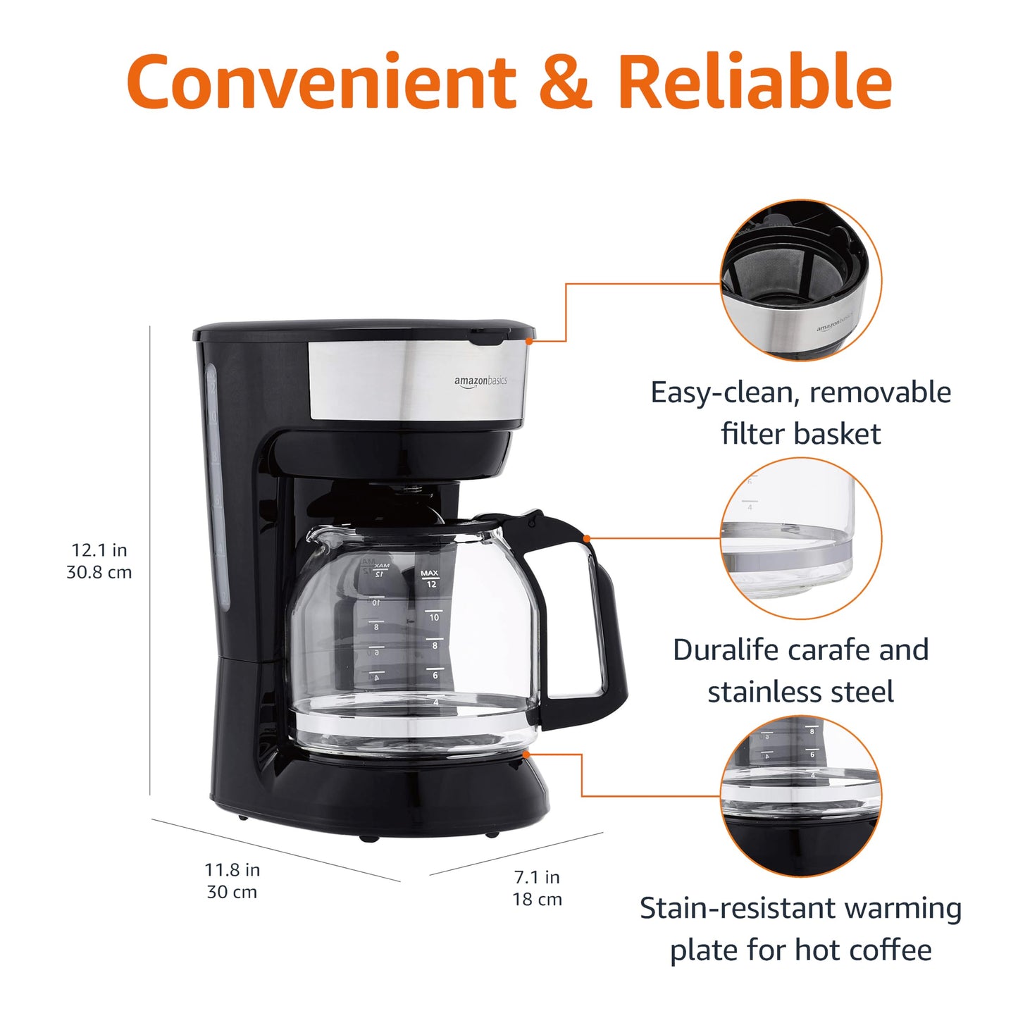 Amazon Basics Coffee Makers, 12-Cup Coffee Machines with Reusable Filter, Coffee Pots, Black & Stainless Steel