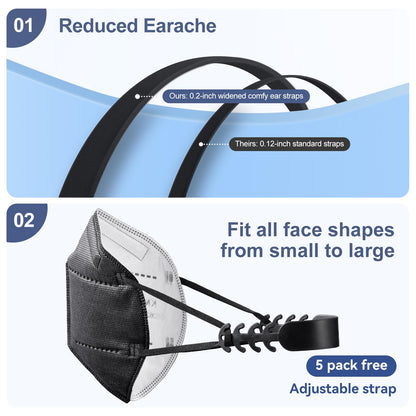 KN95 Face Masks Black Adults - 100 Pack Disposable Masks Comfortable 5-Layer Safety Face Masks & 5 Adjustable Masks Extender Masks Large Size