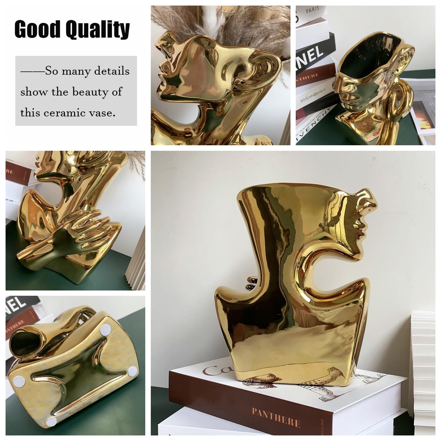 FUNSOBA Ceramics Statue Flower Vase Face Pots Bust Head Shaped for Birthday Gifts Home Office Decoration (Gold)