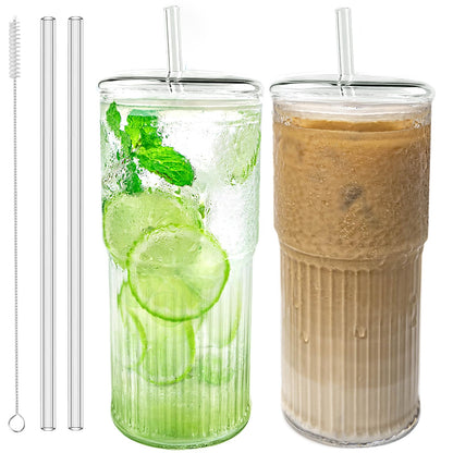 Luiaiog Glass Cups with Lids and Glass Straws, High Borosilicate 20OZ Tumblers (2Pcs) for Coffee, Tea, Juice, Smoothies, Hot/Cold Drinks at Home, Office