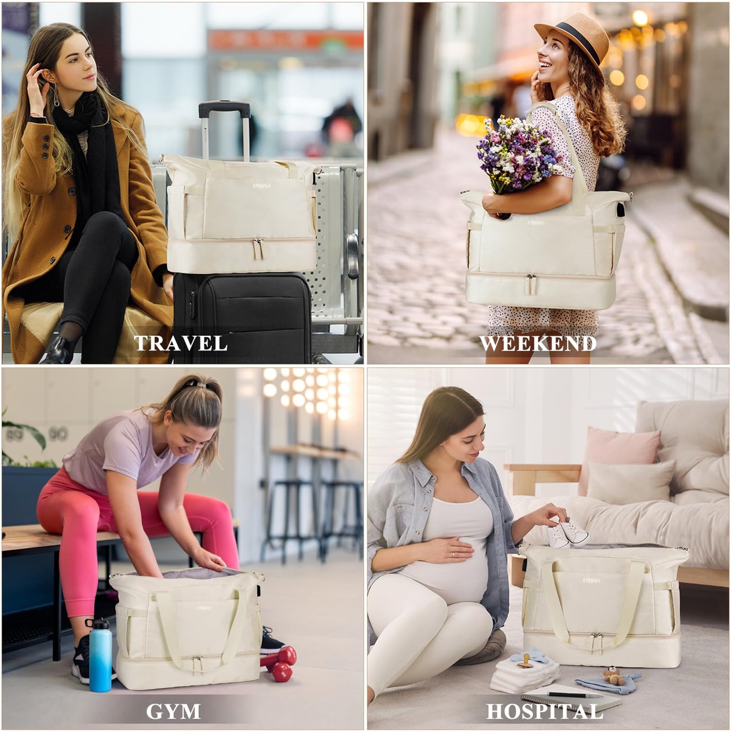 ETRONIK Gym Bag for Women, Personal Item Travel Bag with Shoes Compartment, Weekender Overnight Duffel Bag with Wet Pocket & USB Charging Port, Carry On Bag for Women, Travel, Gym, Weekend (Beige)