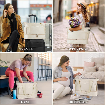 ETRONIK Gym Bag for Women, Personal Item Travel Bag with Shoes Compartment, Weekender Overnight Duffel Bag with Wet Pocket & USB Charging Port, Carry On Bag for Women, Travel, Gym, Weekend (Beige)