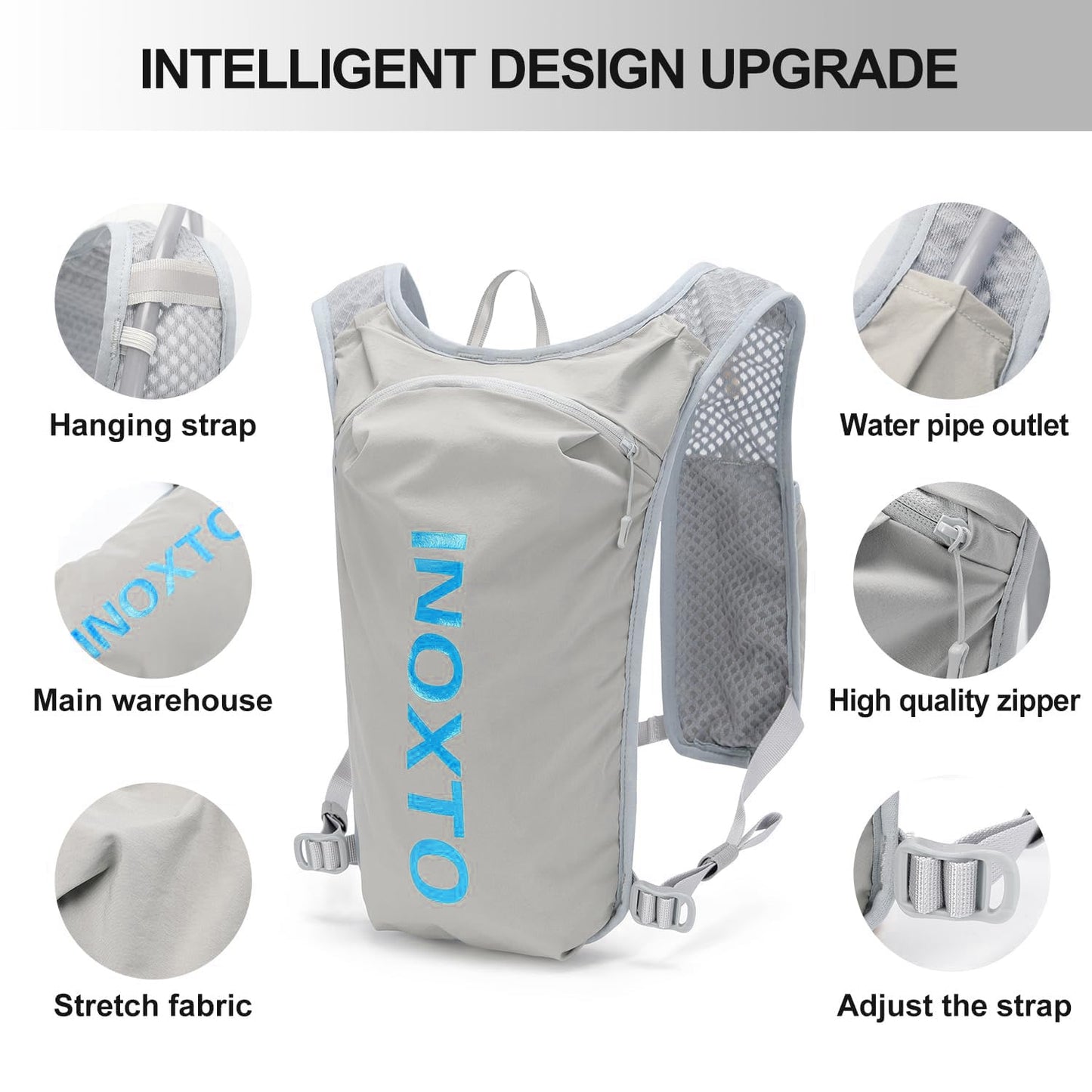 INOXTO Running Hydration Vest Backpack,Lightweight Insulated Pack with 1.5L Water Bladder Bag Daypack for Hiking Trail Running Cycling Race Marathon for Women Men (591 Light Gray Blue)