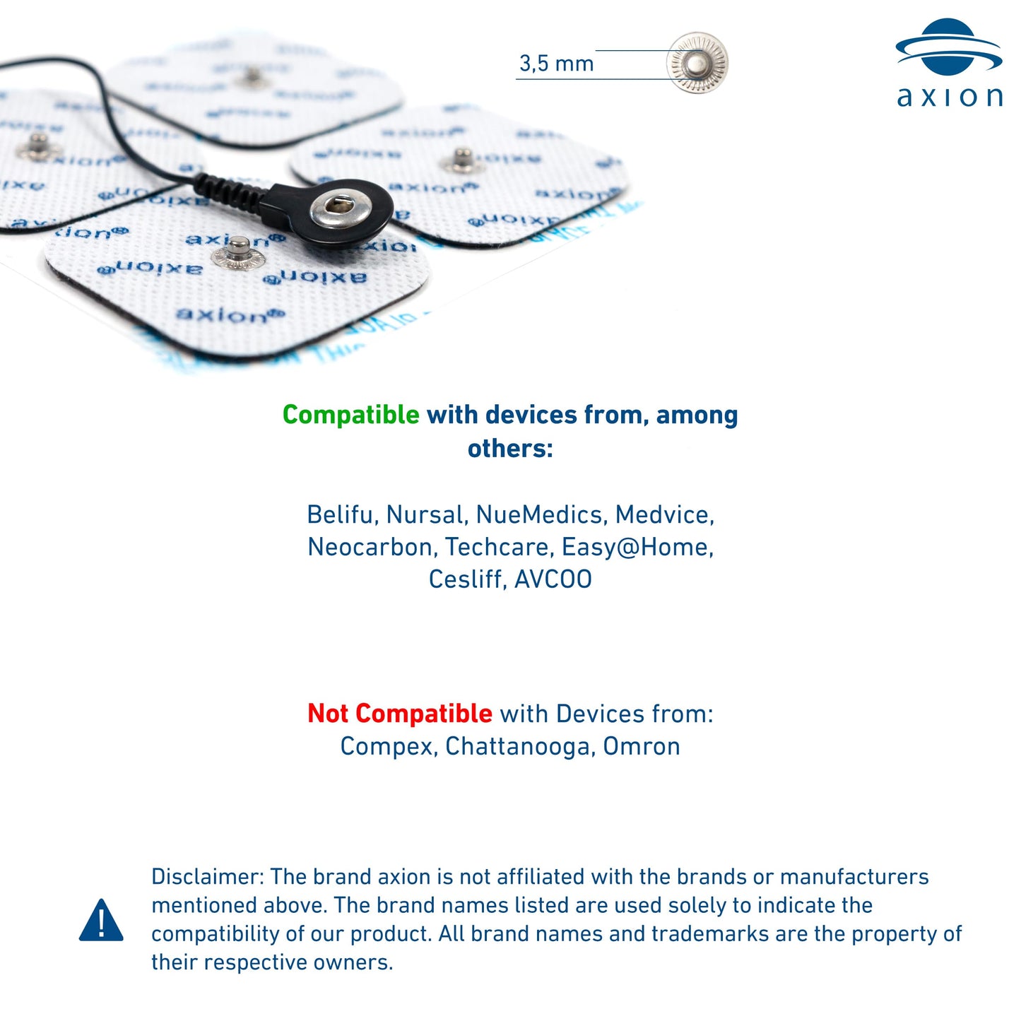 12 axion TENS Unit Electrode Pads Mix Set - 8 Square 2x2'' and 4 Rectangular 4x2'' Replacement Pads with 3,5mm Snap Button for TENS Machines and Muscle Stimulators | Reusable Self-Adhesive Electrodes
