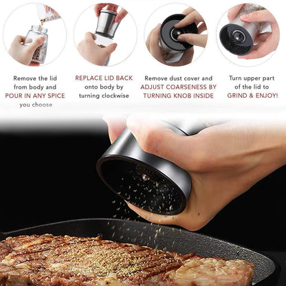 LessMo Salt and Pepper Grinder Set with Wooden Standing Tray, Refillable Pepper Mill Set - Brushed Stainless Steel - Short Glass Shakers with Adjustable Coarseness for Peppercorn, Salt or Spice Mills