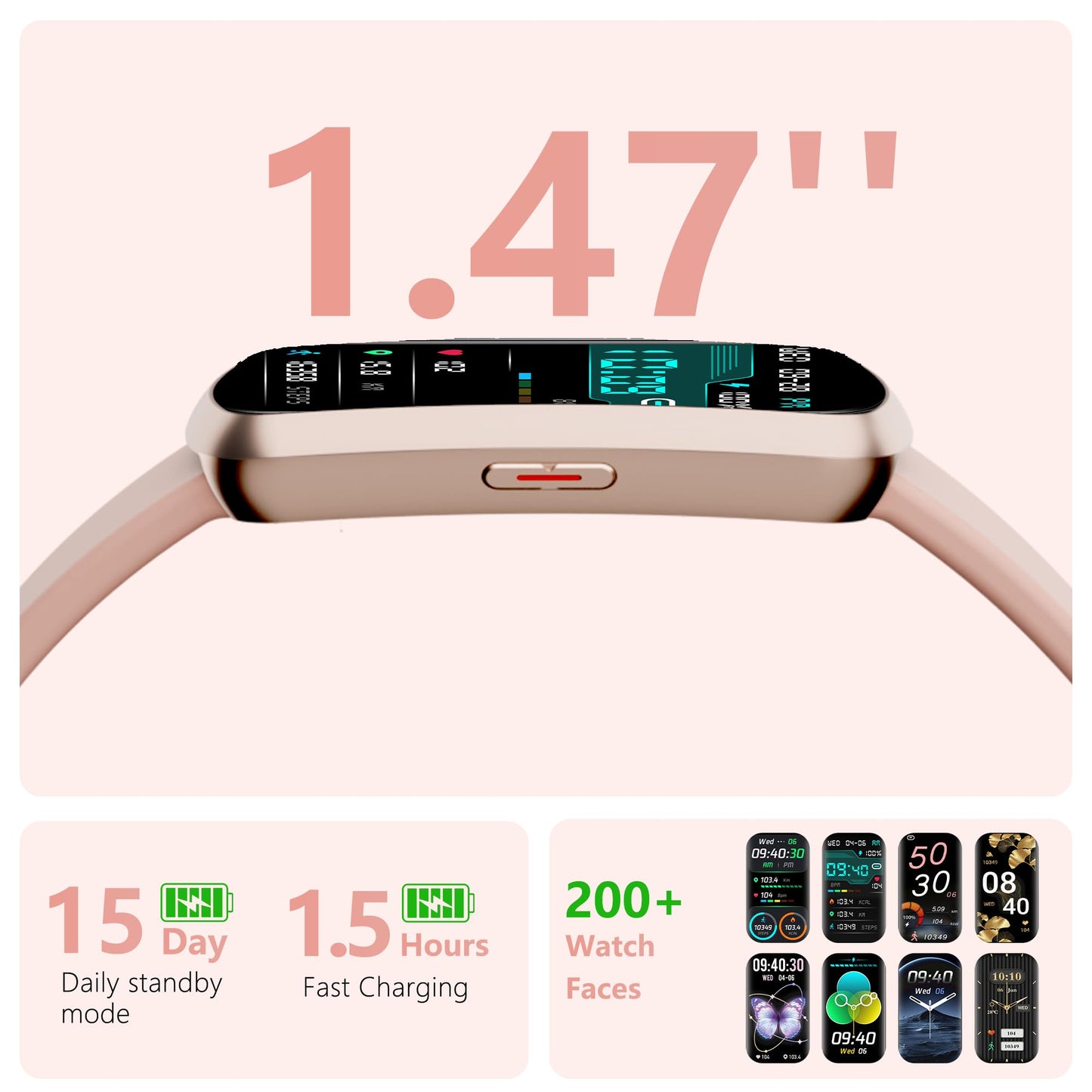 Health Fitness Tracker, Smart Watch with 24/7 Heart Rate and Blood Pressure Monitor, Activity Tracker with Blood Oxygen, 120 Sport Mode Waterproof Sleep Tracker for Women Men (Pink)