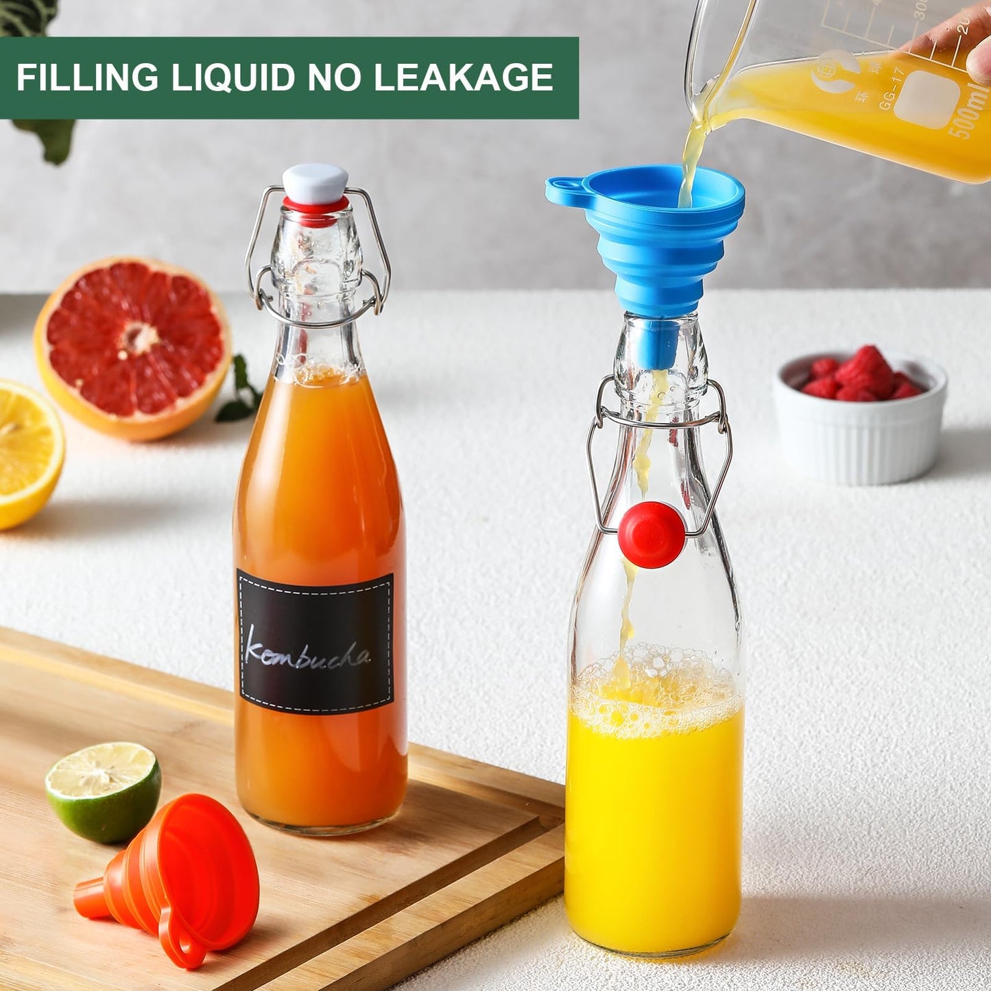 8 Set 16 OZ Swing Top Glass Bottles - Flip Top Beer Brewing Bottles with Stopper for Fermentation, Kombucha, Mead Kefir, Vanilla Extract, Juice, Tea, Wine, Soda - Airtight Cap Lids, Bonus 2 Pourers