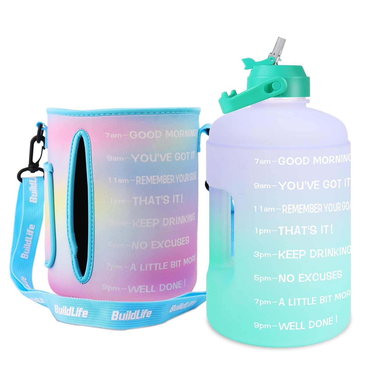 QuiFit 1 Gallon Water Bottle - with Straw & Motivational Time Marker Leak-Proof BPA Free Reusable Gym Sports Outdoor Large(128OZ) Capacity Water Jug(Purple/Green with Sleeve,1 Gallon)