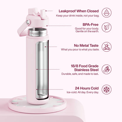 Insulated Water Bottle with Straw - Encool Stainless Steel Water Bottle, Leak-Proof, BPA-Free, Double Wall Vacuum Keeps Cold for 24 Hours for Sports, Travel, School (26 oz, Cotton Candy)