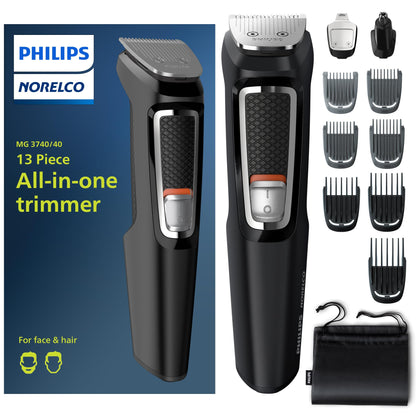 Norelco Philips Multi Groomer - 13 Piece Mens Grooming Kit for Beard, face, Nose, and Ear Hair Trimmer and Hair Clipper - NO Blade Oil Needed, MG3740/40