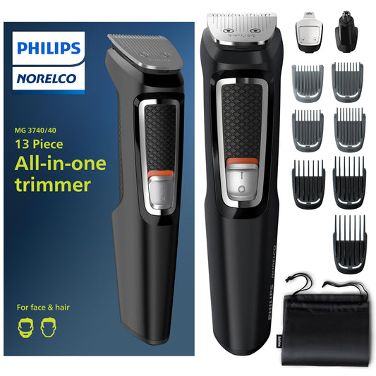 Norelco Philips Multi Groomer - 13 Piece Mens Grooming Kit for Beard, face, Nose, and Ear Hair Trimmer and Hair Clipper - NO Blade Oil Needed, MG3740/40