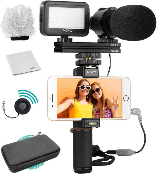 Movo Vlog Kit V7 - YouTube Starter Kit with Grip, Stereo Microphone, Light and Wireless Remote Vlogging Kit for iPhone for YouTube, TikTok, Vlogging Equipment for iPhone/Android - iPhone Vlogging Kit