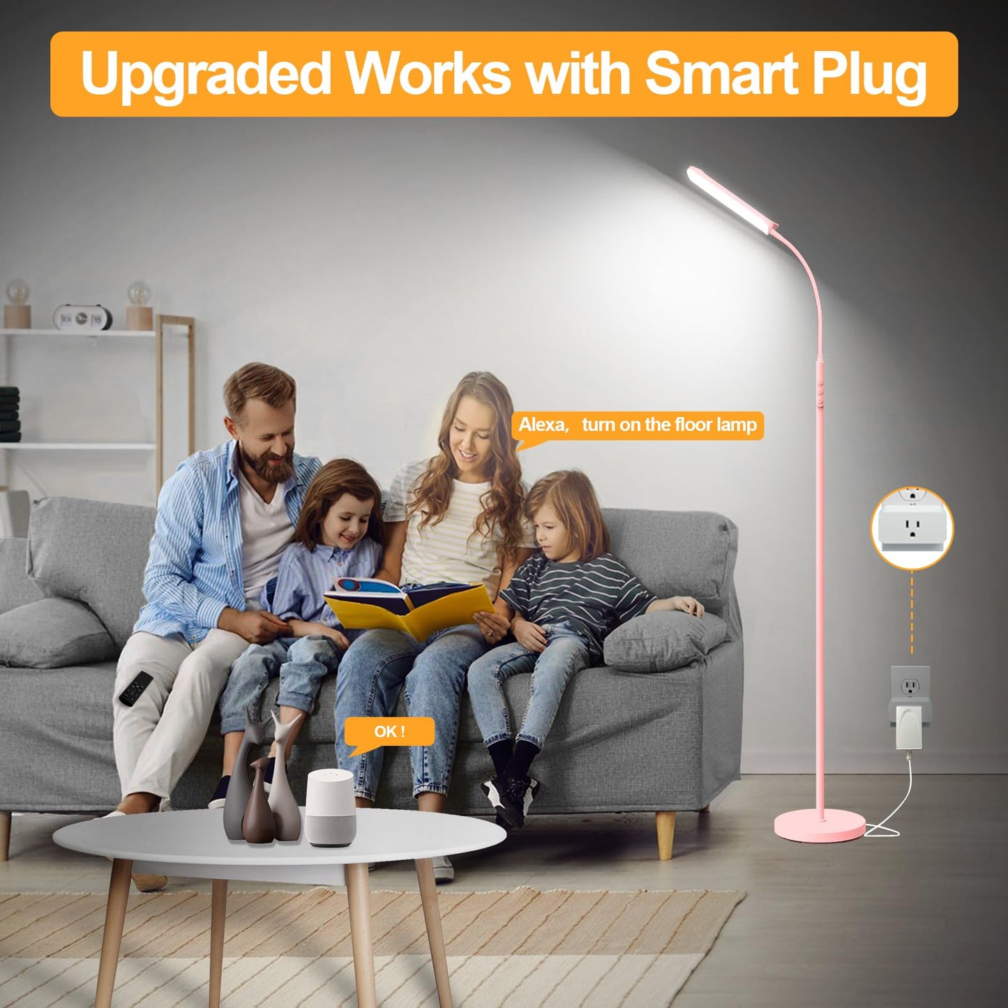 marctronic Pink LED Floor Lamp, 18W 1800LM Bright Floor Lamp with Remote & Works with Smart Plug, Dimmable Timing Eye Caring Reading Light Modern Standing Floor Lamp for Living Room Bedroom Office