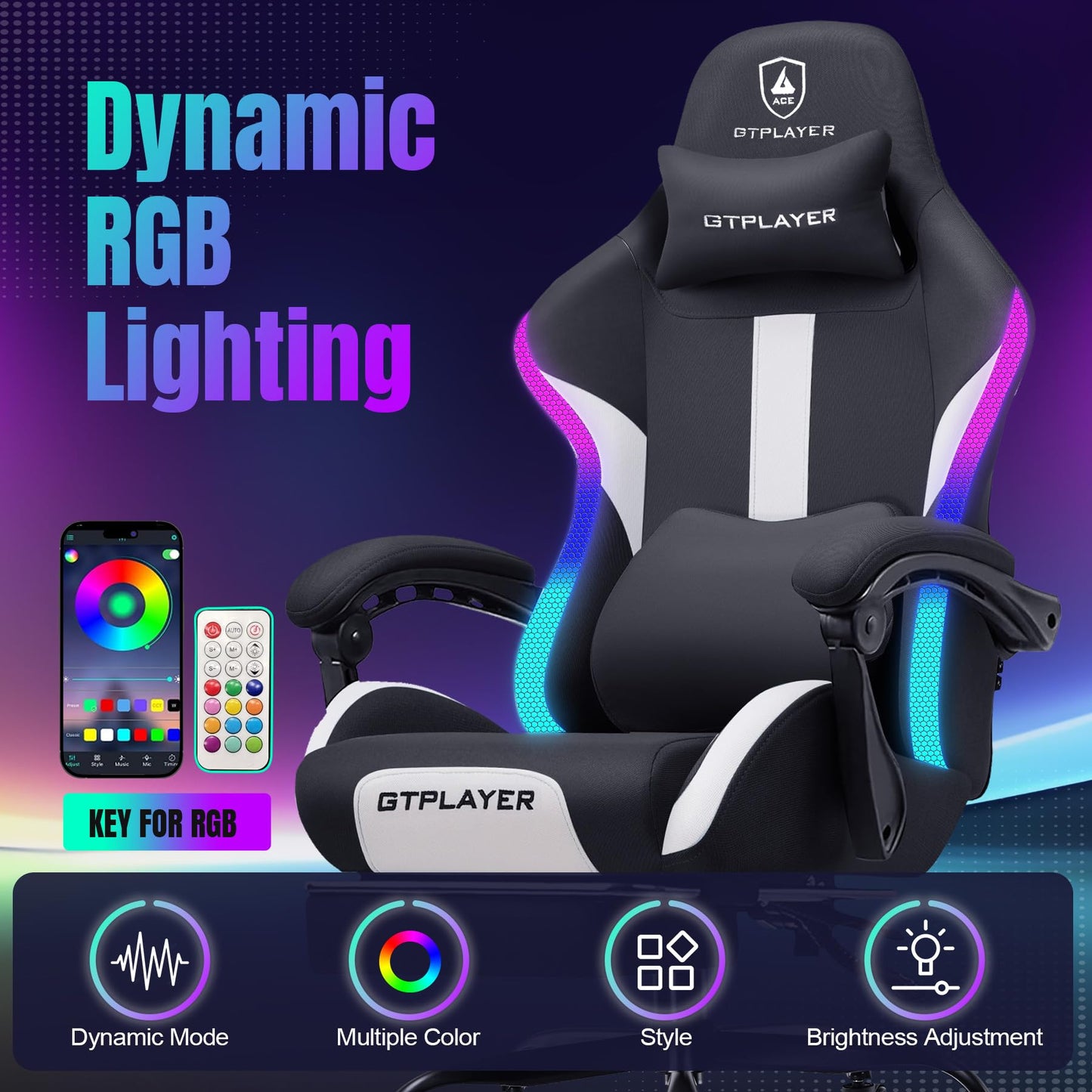 GTRACING Gaming Chair with Foot Rest & Racing Style RGB LED Lights, Breathable Fabric for Home Office Desk, Ergonomic High Back Computer Chair with Headrest & Lumbar Support, RGB Black