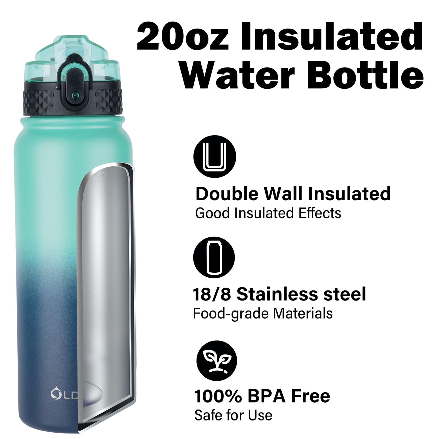 Oldley Insulated Water Bottle 20oz for Adults Kids Stainless Steel Water Bottles with Straw/Chug/Carabiner 3 Lids Fruit Strainer Double Wall Vacuum Wide Mouth BPA Free Leak-Proof for School Travel
