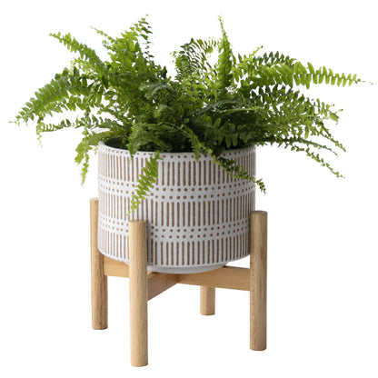 LA JOLIE MUSE Ceramic Plant Pot with Wood Stand - 7.3 Inch Modern Round Decorative Flower Pot Indoor with Wood Planter Holder, Beige and White