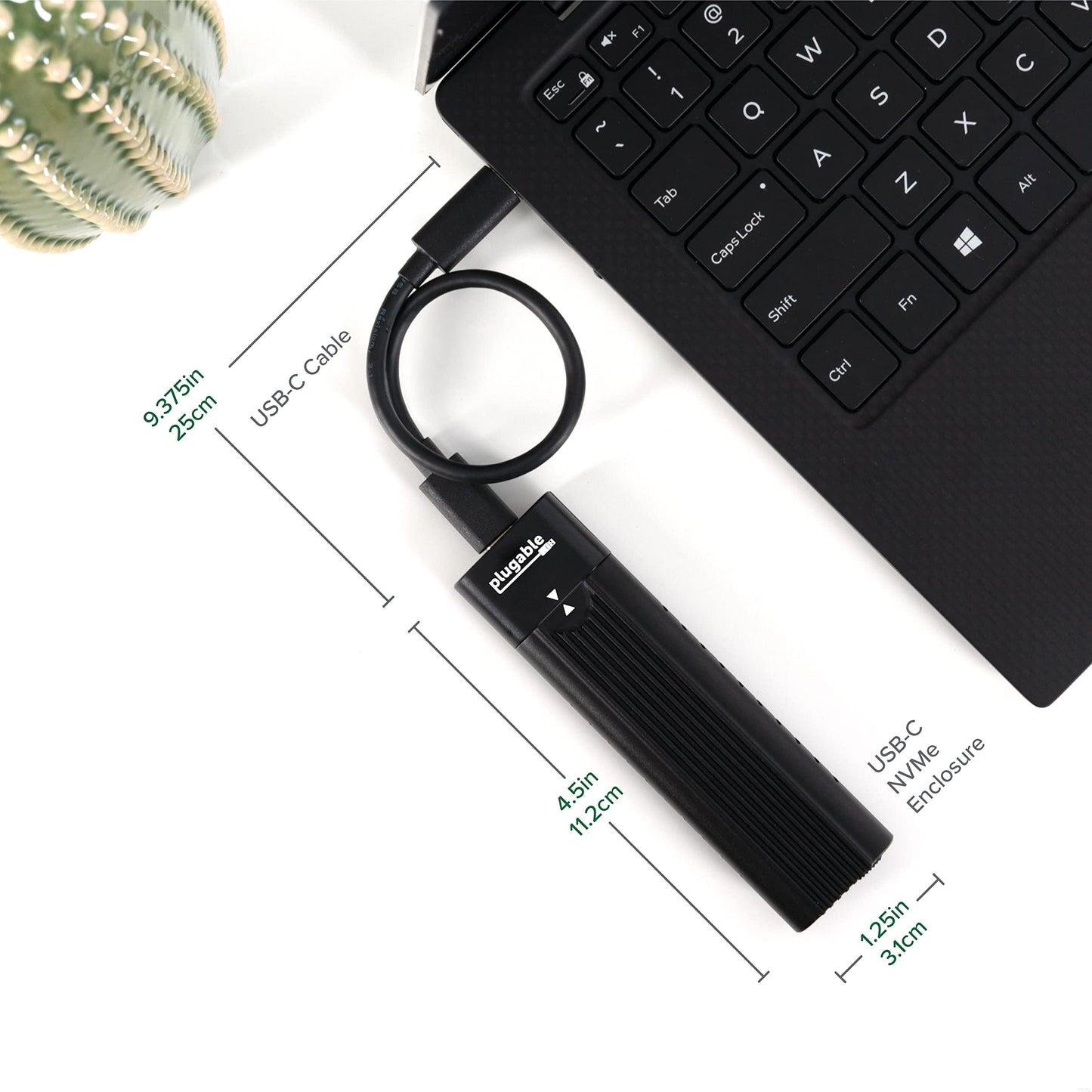 Plugable M.2 NVMe SSD Enclosure; Tool-Free & Driverless, USB 3 Type-C, Including Thunderbolt and USB4, at 10Gbps. for M.2 NVMe SSDs 2230 to 2280 PCIe Gen 3 and 4. USB Cables Included