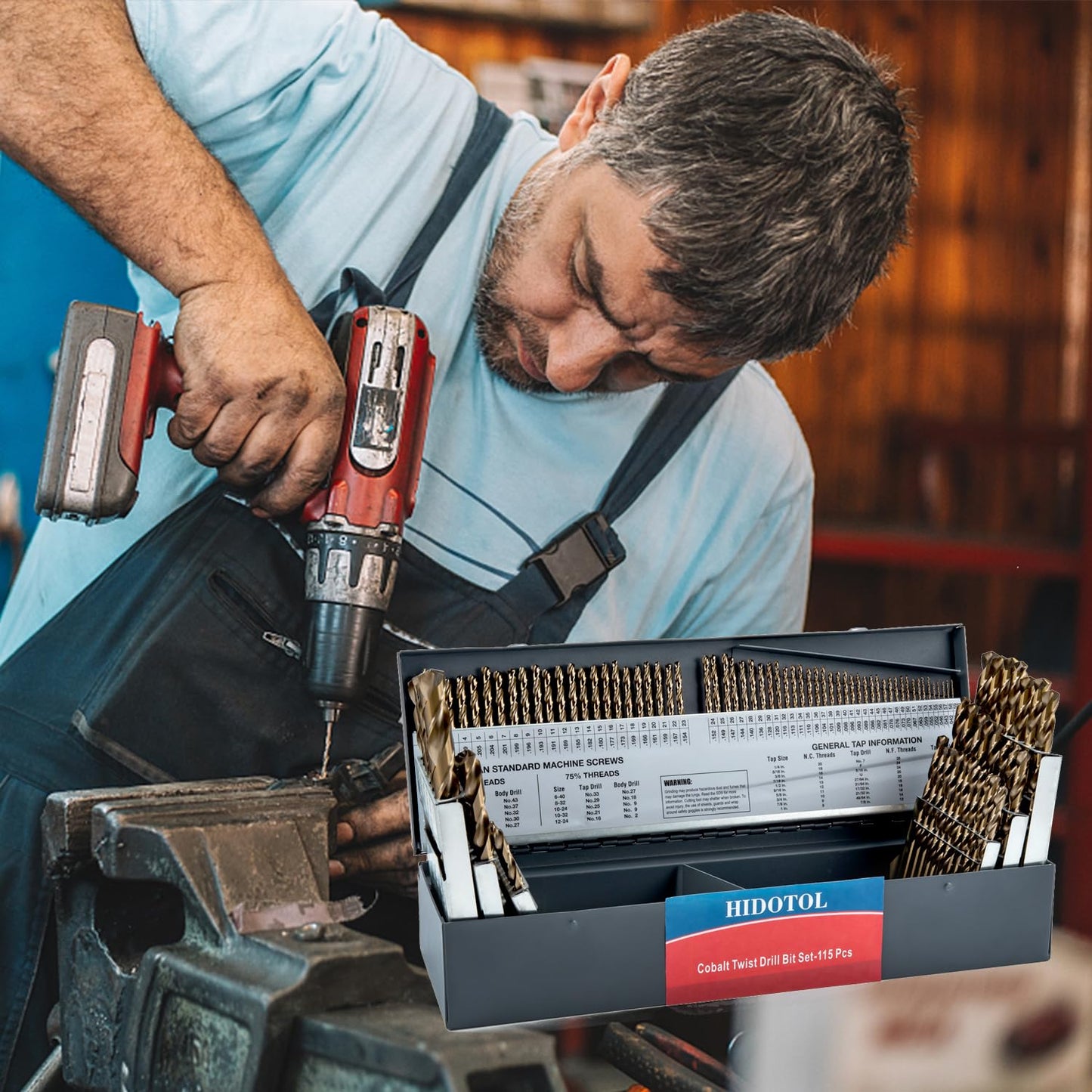 HIDOTOL 115PCS Cobalt Drill Bit Set M35 HSS for Hardened Steel Fractional 1/16"-1/2", Letter A - Z, Wire #1 - #60 with Indexed Metal Case