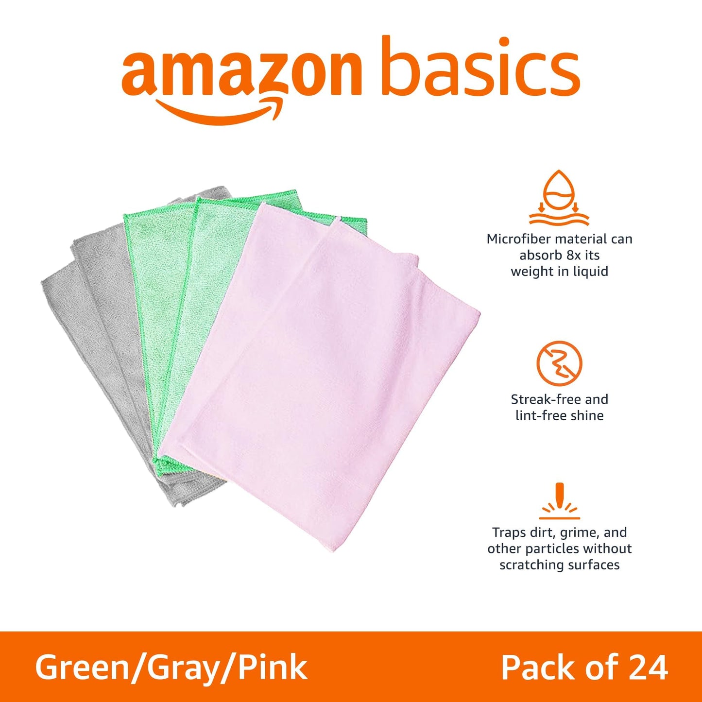 Amazon Basics Microfiber Cleaning Cloths, Ultra Soft and Absorbent, Free from Streaks/Lint/Scratch for Cars, 16" x 12", Green/Gray/Pink, 24-Pack
